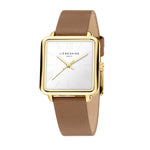LIEBESKIND BERLIN Armbanduhr - The Classic Square: Quadratische goldene Damenuhr mit weißem Zifferblatt, hellbraunem Lederarmband und skandinavischem Design von Liebeskind Berlin, die die Zeit um 10:10 Uhr anzeigt.