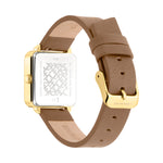 Die LIEBESKIND BERLIN Armbanduhr - The Classic Square verfügt über ein braunes Lederarmband, eine goldene Schließe und ein quadratisches Gehäuse mit Goldakzenten - ideal für Fans des skandinavischen Designs von Liebeskind Berlin.