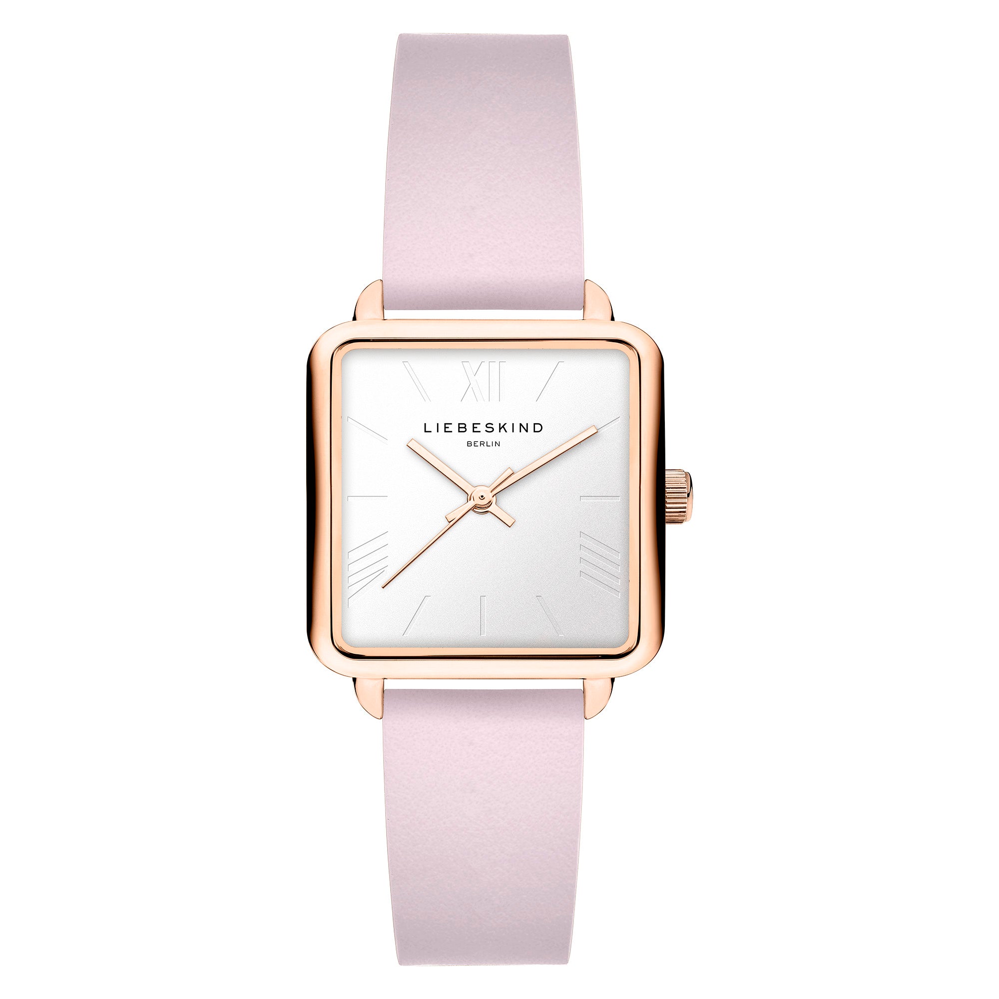 Liebeskind Berlin Armbanduhr mit silbernem Zifferblatt, silbernen Indizes, roségoldenem, eckigen Gehäuse und rosa Lederband; Produktbild