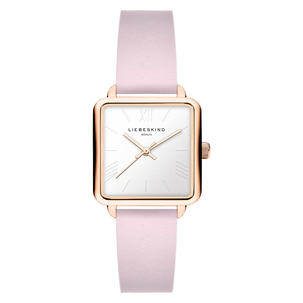 Liebeskind Berlin Armbanduhr mit silbernem Zifferblatt, silbernen Indizes, roségoldenem, eckigen Gehäuse und rosa Lederband; Produktbild