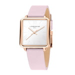 Die Classic Square von Liebeskind Berlin: eine quadratische Uhr in Roségold mit rosafarbenem Lederarmband, minimalistischem weißen Zifferblatt und Quarzwerk, inspiriert von skandinavischem Design.