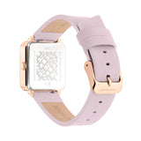 Die Rückansicht der LIEBESKIND BERLIN Armbanduhr - The Classic Square zeigt das skandinavische Design mit roségoldenem Gehäuse, rosafarbenem Lederband und graviertem Gehäuseboden.
