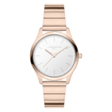 Die LIEBESKIND BERLIN Armbanduhr - The Round Staple von Liebeskind Berlin ist eine roségoldene Damenuhr mit weißem, minimalistischem Zifferblatt, schlanken Indexen und wasserfestem Design - ideal für den modernen Alltag.