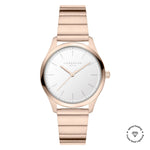 Die LIEBESKIND BERLIN Armbanduhr - The Round Staple ist eine Damen-Uhr in Roségold mit weißem Zifferblatt und minimalistischem, modernem Design von Liebeskind Berlin.