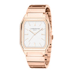 Die LIEBESKIND BERLIN Armbanduhr - The Modern Staple von Liebeskind Berlin hat ein rechteckiges Gehäuse aus Roségold, ein weißes Zifferblatt und schlichte Stundenmarkierungen für einen zeitlosen Look.