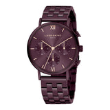 Die LIEBESKIND BERLIN Armbanduhr - Small Modern Chronograph verfügt über ein bordeauxfarbenes Metallgehäuse, goldene Markierungen, drei Hilfszifferblätter, Chronographenfunktionen und ein schlankes Edelstahlband.