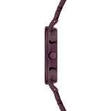 Seitenansicht der Liebeskind Berlin Armbanduhr - Small Modern Chronograph in lila, mit zwei Drückern und einer Krone am Gehäuse.