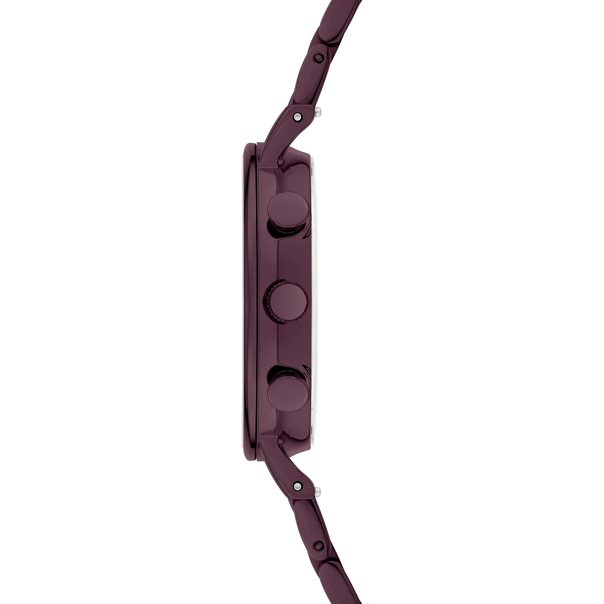 Seitenansicht der Liebeskind Berlin Armbanduhr - Small Modern Chronograph in lila, mit zwei Drückern und einer Krone am Gehäuse.