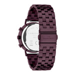 Rückansicht der LIEBESKIND BERLIN Armbanduhr - Small Modern Chronograph, mit burgunderrotem Edelstahlband mit Schließe und gravierten Details auf Gehäuse und Armband.