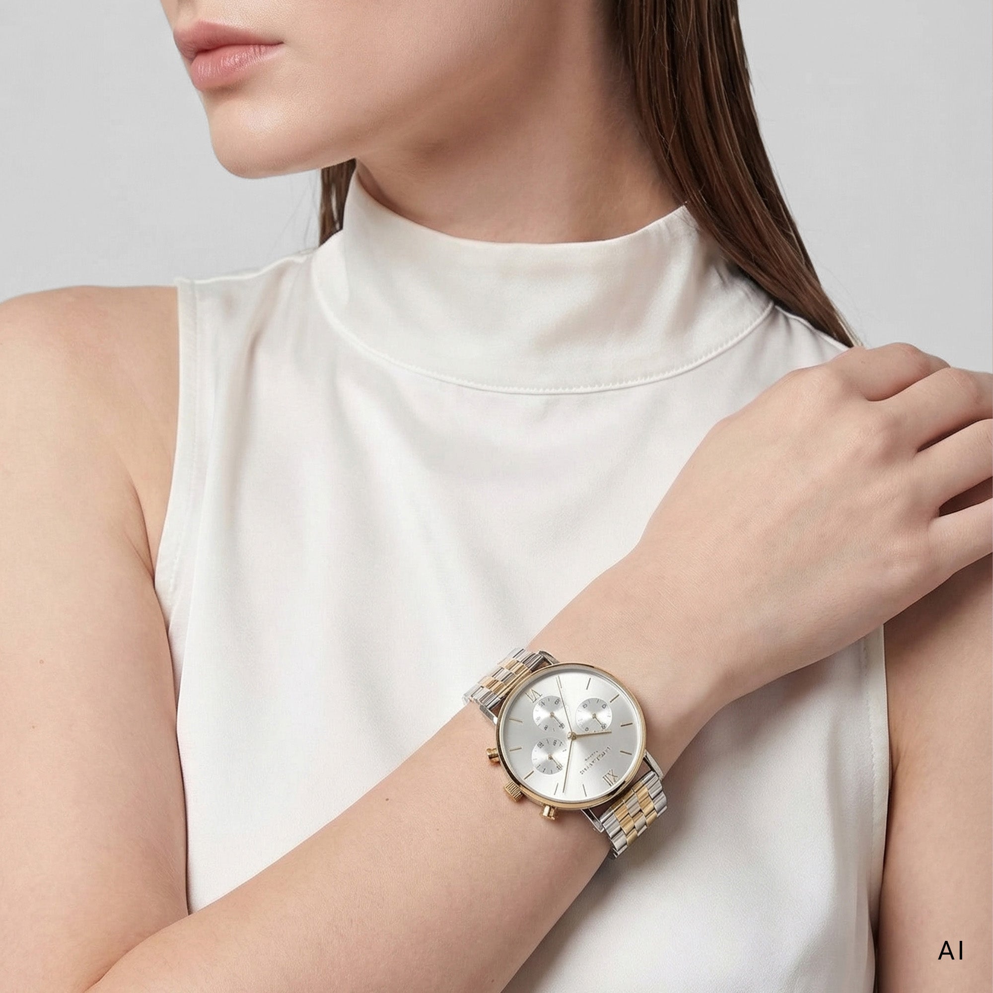 Ki generiertes Model trägt LIEBESKIND BERLIN Damen Chronograph im Bicolor-Design mit silbernem Zifferblatt, goldfarbenen Drückern und Edelstahlarmband in Silber und Gold