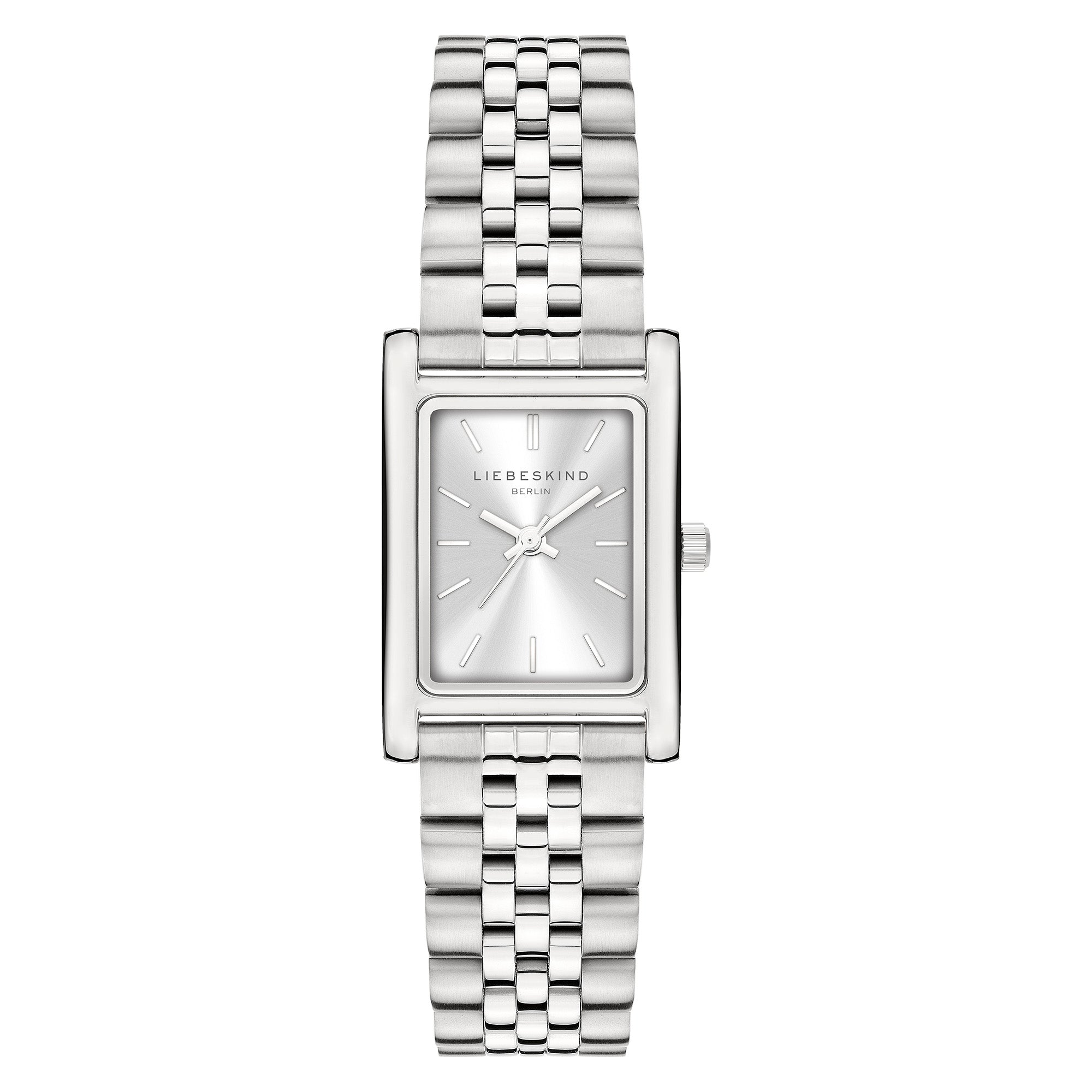 Die LIEBESKIND BERLIN Armbanduhr - Small Retro verfügt über ein silbernes, rechteckiges Edelstahlgehäuse, ein minimalistisches Zifferblatt und ein elegantes Metallgliederband von Liebeskind Berlin für einen zeitlosen, retro-inspirierten Look.