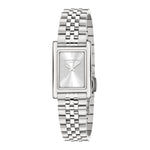 Die LIEBESKIND BERLIN Armbanduhr - Small Retro ist eine rechteckige silberne Damenuhr mit Metallgliederband, minimalistischem Zifferblatt und unverwechselbarem Liebeskind Berlin Branding.