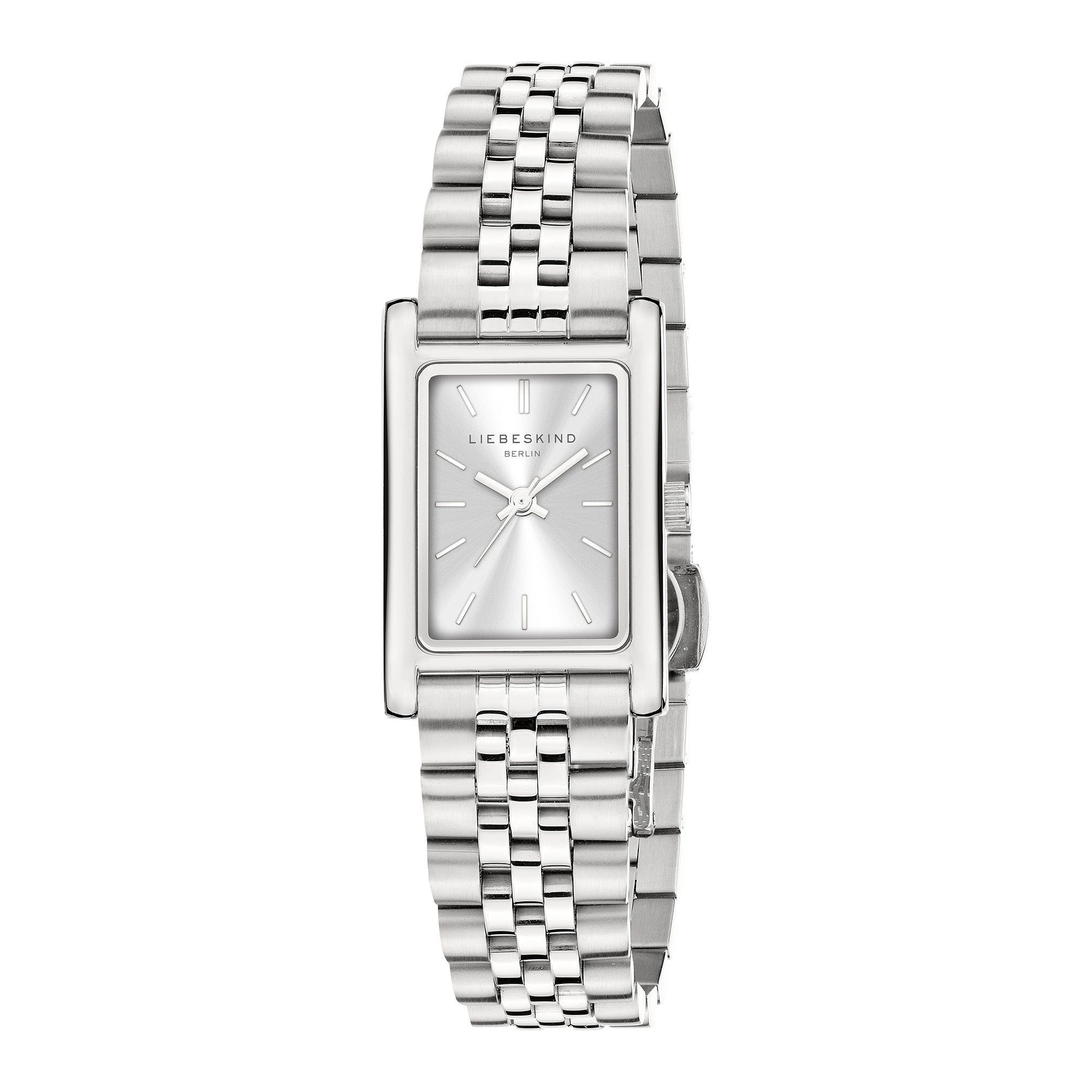 Die LIEBESKIND BERLIN Armbanduhr - Small Retro ist eine rechteckige silberne Damenuhr mit Metallgliederband, minimalistischem Zifferblatt und unverwechselbarem Liebeskind Berlin Branding.