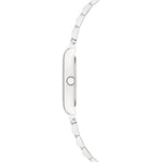 Schlanke Seitenansicht der LIEBESKIND BERLIN Armbanduhr - Small Retro mit rechteckigem Edelstahlgehäuse, silbernem Metallband und sichtbarer Krone - eine elegante Uhr von Liebeskind Berlin.