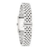 Die LIEBESKIND BERLIN Armbanduhr - Small Retro von Liebeskind Berlin hat ein silbernes Metallgliederarmband und ein rechteckiges Edelstahlgehäuse, von hinten gesehen.