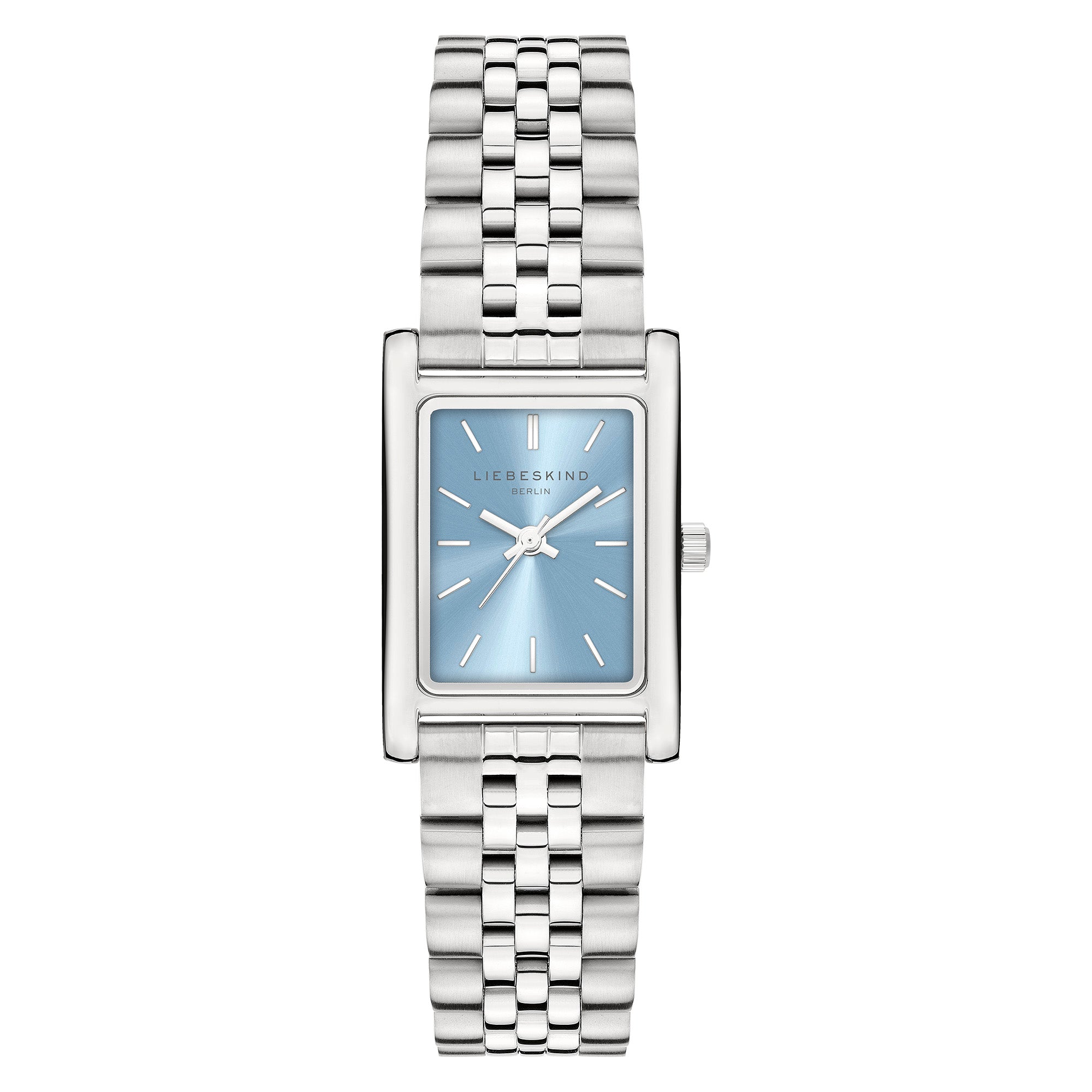 Die LIEBESKIND BERLIN Armbanduhr - Small Retro von Liebeskind Berlin hat ein rechteckiges silbernes Gehäuse, ein blaues Zifferblatt und ein Gliederarmband - eine elegante Damenuhr aus Edelstahl, perfekt für jeden Anlass. Zeigt 10:08 an.