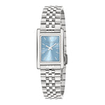 Die LIEBESKIND BERLIN Armbanduhr - Small Retro von Liebeskind Berlin hat ein rechteckiges, silbernes Gehäuse, ein blaues Zifferblatt, ein schlankes Gliederarmband und zeigt die Zeit bei 10:10 an.