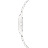 Seitenansicht der LIEBESKIND BERLIN Armbanduhr - Small Retro, einer schlanken silbernen Damenuhr von Liebeskind Berlin mit Gliederarmband Uhr und einem einzigen Knopf auf dem Gehäuse.