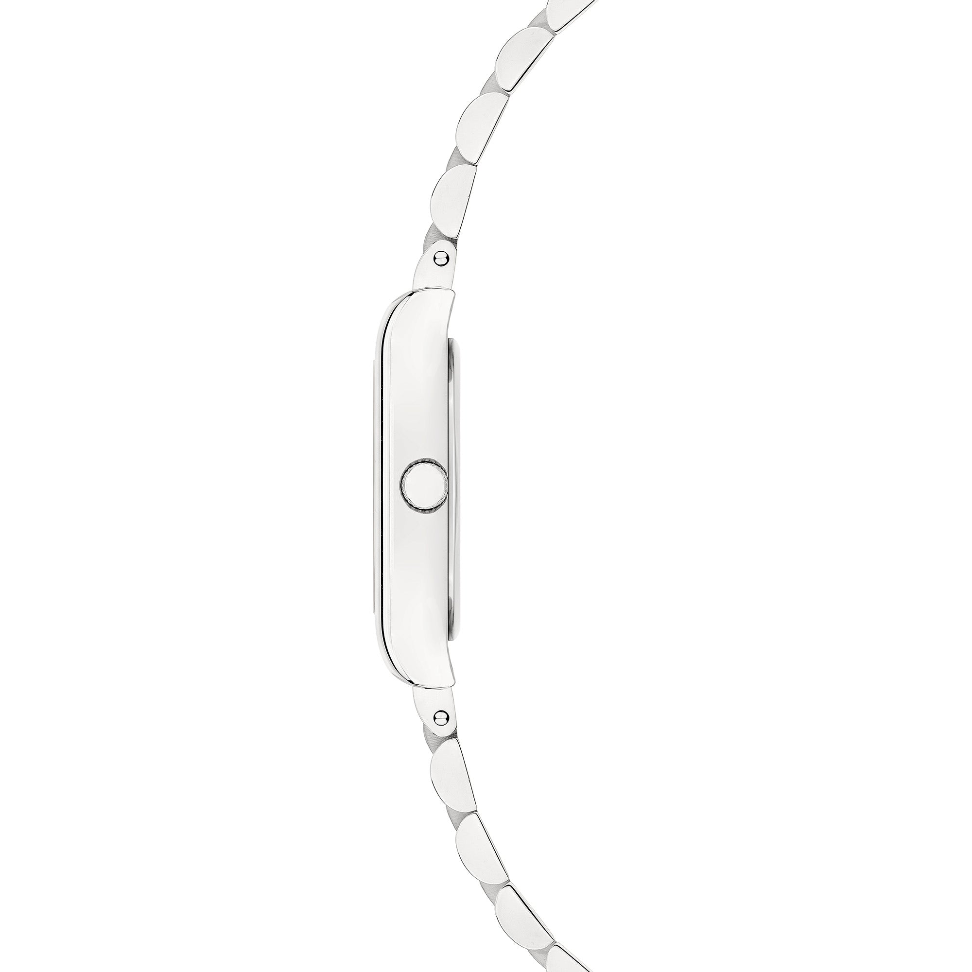 Seitenansicht der LIEBESKIND BERLIN Armbanduhr - Small Retro, einer schlanken silbernen Damenuhr von Liebeskind Berlin mit Gliederarmband Uhr und einem einzigen Knopf auf dem Gehäuse.