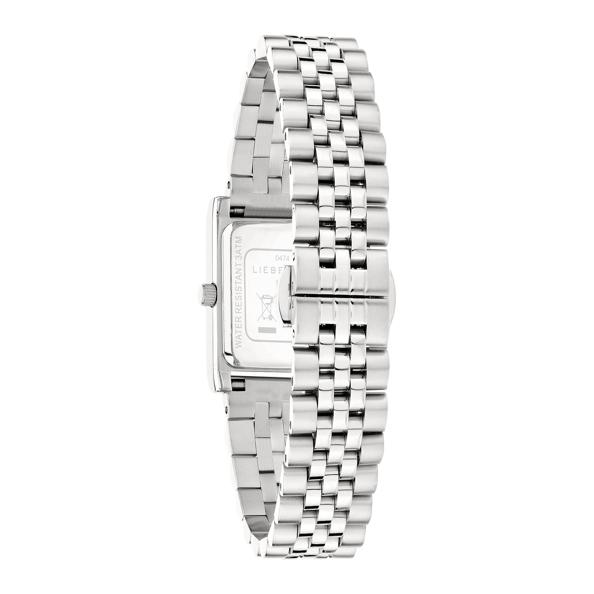 Die LIEBESKIND BERLIN Armbanduhr - Small Retro von Liebeskind Berlin hat ein silbernes Metallgliederarmband und ein rechteckiges Zifferblatt, das von hinten gezeigt wird - eine elegante Uhr für zeitlosen Stil.