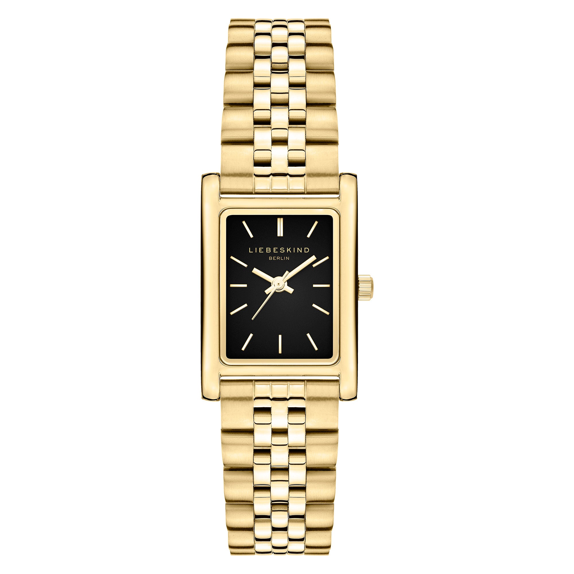 Die LIEBESKIND BERLIN Armbanduhr - Small Retro besticht mit rechteckigem Edelstahlgehäuse, schwarzem Zifferblatt und edlem Gliederarmband.
