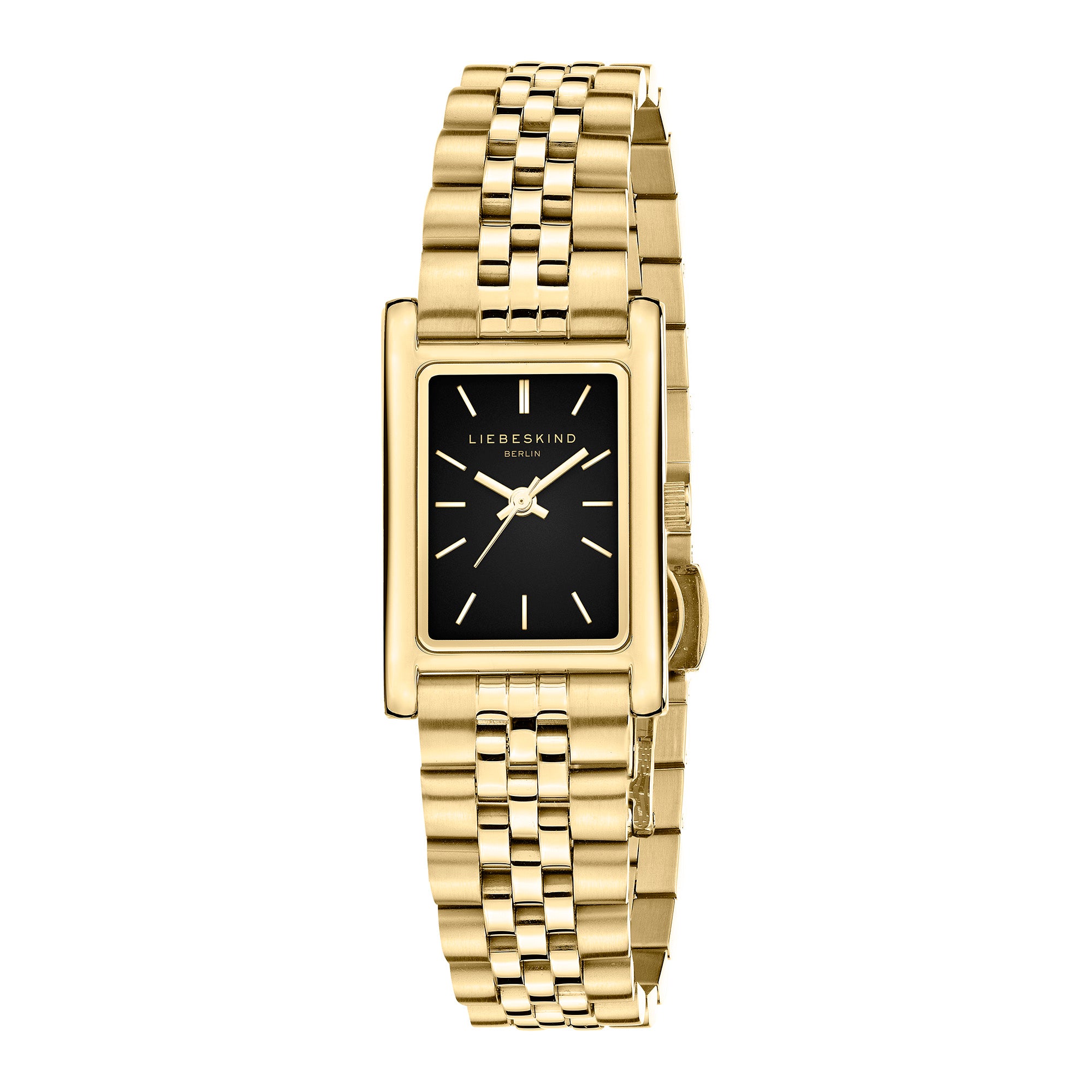 Die LIEBESKIND BERLIN Armbanduhr - Small Retro vereint ein rechteckiges Edelstahlgehäuse mit zeitlosem Stil: Sie zeigt 10:10 auf schwarzem Zifferblatt und glänzt mit goldfarbenem Gliederarmband.