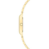 Seitenansicht der goldenen LIEBESKIND BERLIN Armbanduhr - Small Retro mit Gliederarmband und runder Krone, präsentiert auf weißem Hintergrund.