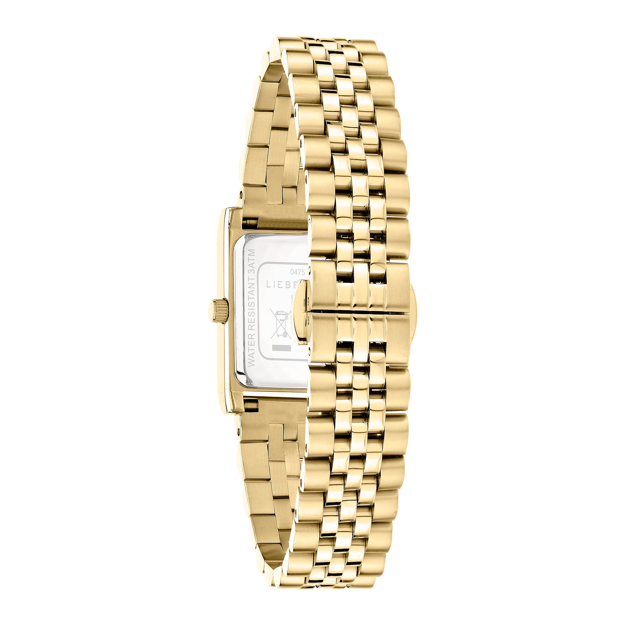 Die LIEBESKIND BERLIN Armbanduhr - Small Retro von Liebeskind Berlin verfügt über ein goldenes Metallarmband und ein rechteckiges Edelstahlgehäuse, das von hinten gezeigt wird, um das Gliederarmband und die Schließe hervorzuheben.