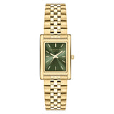 Die Liebeskind Berlin Armbanduhr - Small Retro verfügt über ein goldenes Metallarmband und ein rechteckiges, grünes Zifferblatt, auf dem 10:10 steht. Das macht sie zu einem eleganten und stilvollen Accessoire, das vom zeitlosen Retro-Design inspiriert ist.