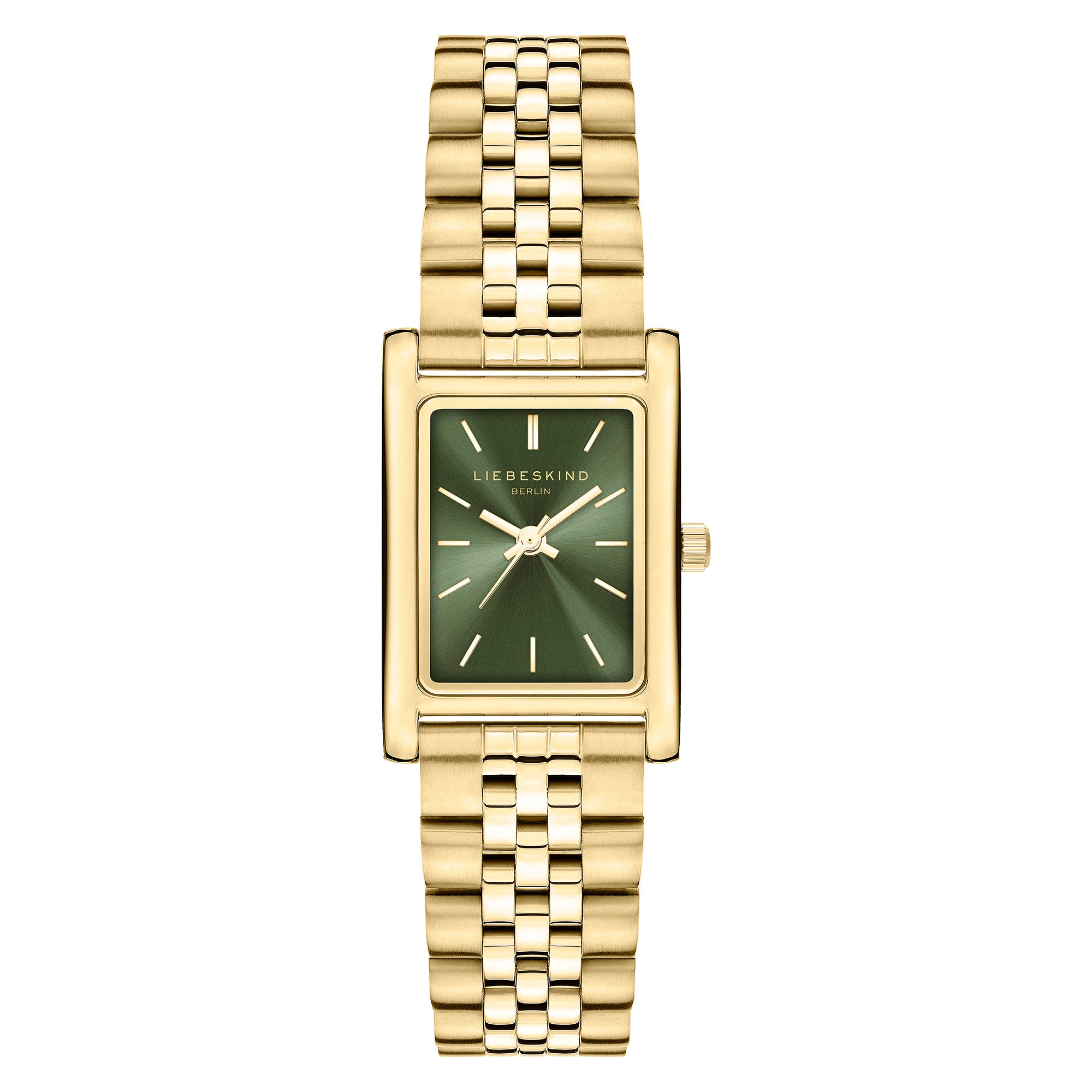 Die Liebeskind Berlin Armbanduhr - Small Retro verfügt über ein goldenes Metallarmband und ein rechteckiges, grünes Zifferblatt, auf dem 10:10 steht. Das macht sie zu einem eleganten und stilvollen Accessoire, das vom zeitlosen Retro-Design inspiriert ist.