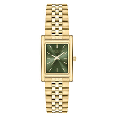 Goldene Armbanduhr mit rechteckigem, grünem Zifferblatt und goldenem Gliederband, die 10:17 Uhr anzeigt - eine stilvolle Damenuhr, die von der LIEBESKIND BERLIN Armbanduhr - Small Retro von Liebeskind Berlin inspiriert ist.
