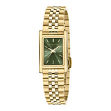 Die LIEBESKIND BERLIN Armbanduhr - Small Retro ist eine goldene, rechteckige Damenarmbanduhr mit grünem Zifferblatt und Metallgliederband. Damit ist sie das perfekte, elegante Accessoire von Liebeskind Berlin für jeden Anlass.