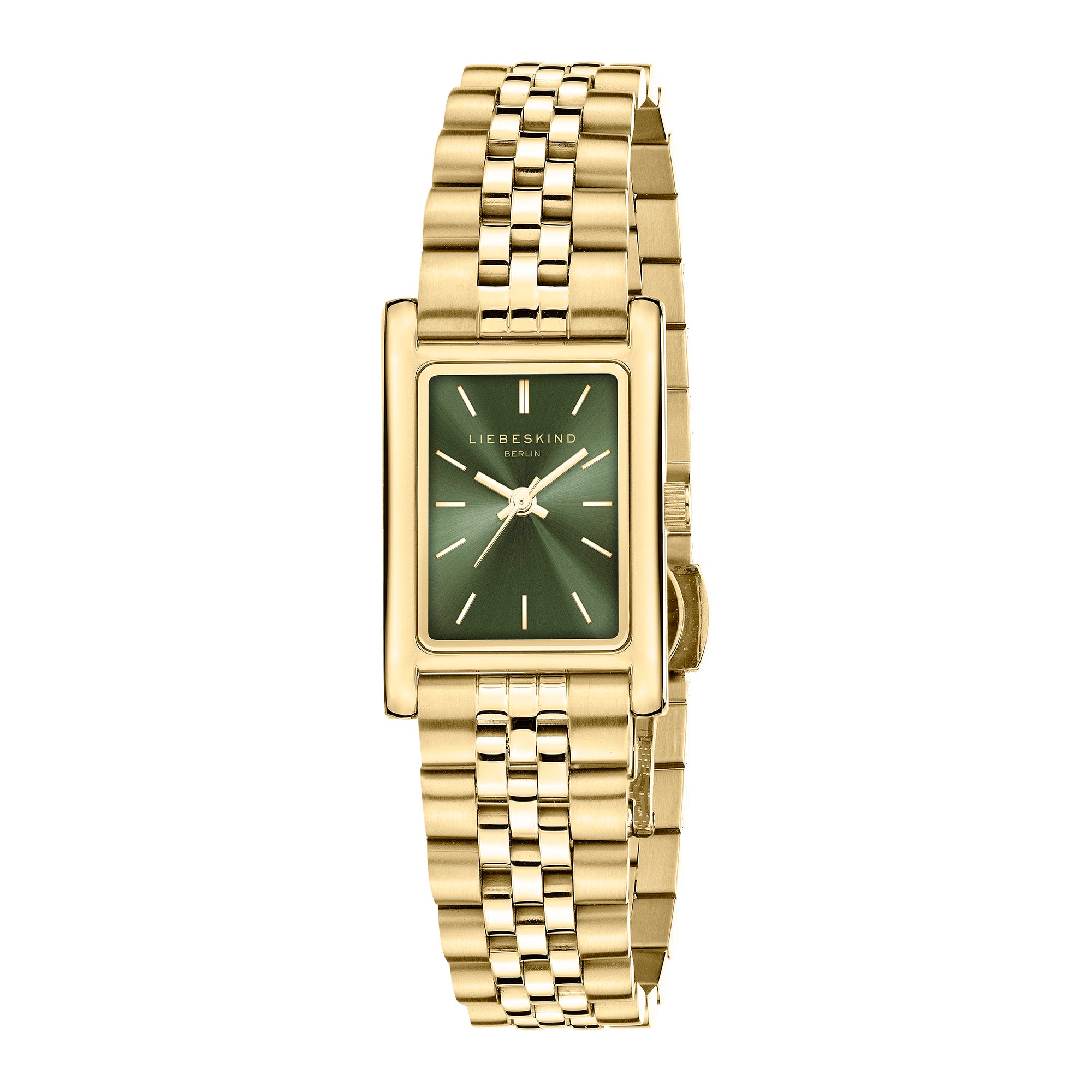 Die LIEBESKIND BERLIN Armbanduhr - Small Retro ist eine goldene, rechteckige Damenarmbanduhr mit grünem Zifferblatt und Metallgliederband. Damit ist sie das perfekte, elegante Accessoire von Liebeskind Berlin für jeden Anlass.