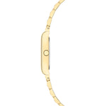 Seitenansicht der LIEBESKIND BERLIN Armbanduhr - Small Retro von Liebeskind Berlin mit schlankem Goldgehäuse und Metallgliederband, dargestellt vor einem weißen Hintergrund.