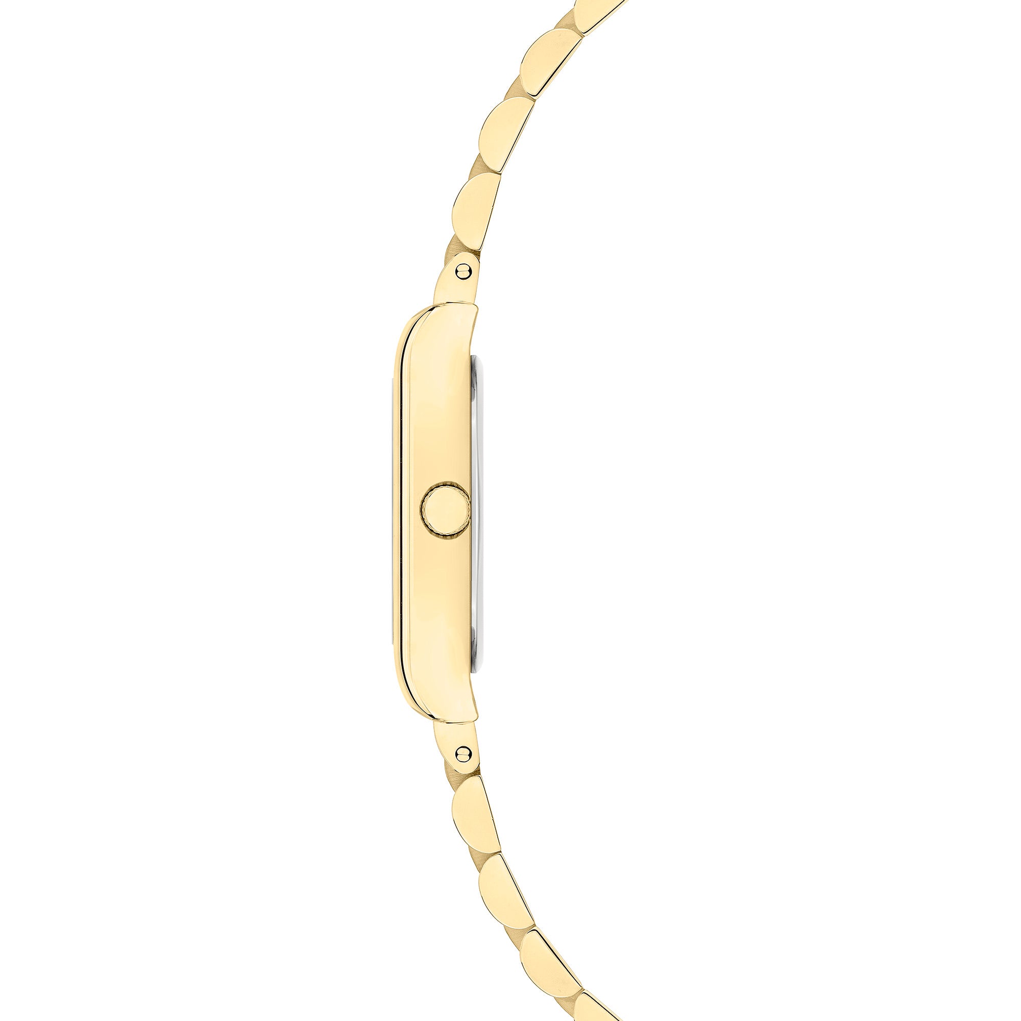 Seitenansicht der LIEBESKIND BERLIN Armbanduhr - Small Retro von Liebeskind Berlin mit schlankem Goldgehäuse und Metallgliederband, dargestellt vor einem weißen Hintergrund.