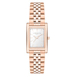 Die LIEBESKIND BERLIN Armbanduhr - Small Retro von Liebeskind Berlin hat ein rechteckiges Gehäuse in Roségold, ein Metallgliederband und ein weißes Zifferblatt mit der Anzeige 10:09 - ein stilvolles Accessoire für jeden Anlass.