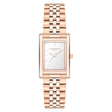Die LIEBESKIND BERLIN Armbanduhr - Small Retro von Liebeskind Berlin hat ein rechteckiges Gehäuse in Roségold, ein Metallgliederband und ein weißes Zifferblatt mit der Anzeige 10:09 - ein stilvolles Accessoire für jeden Anlass.
