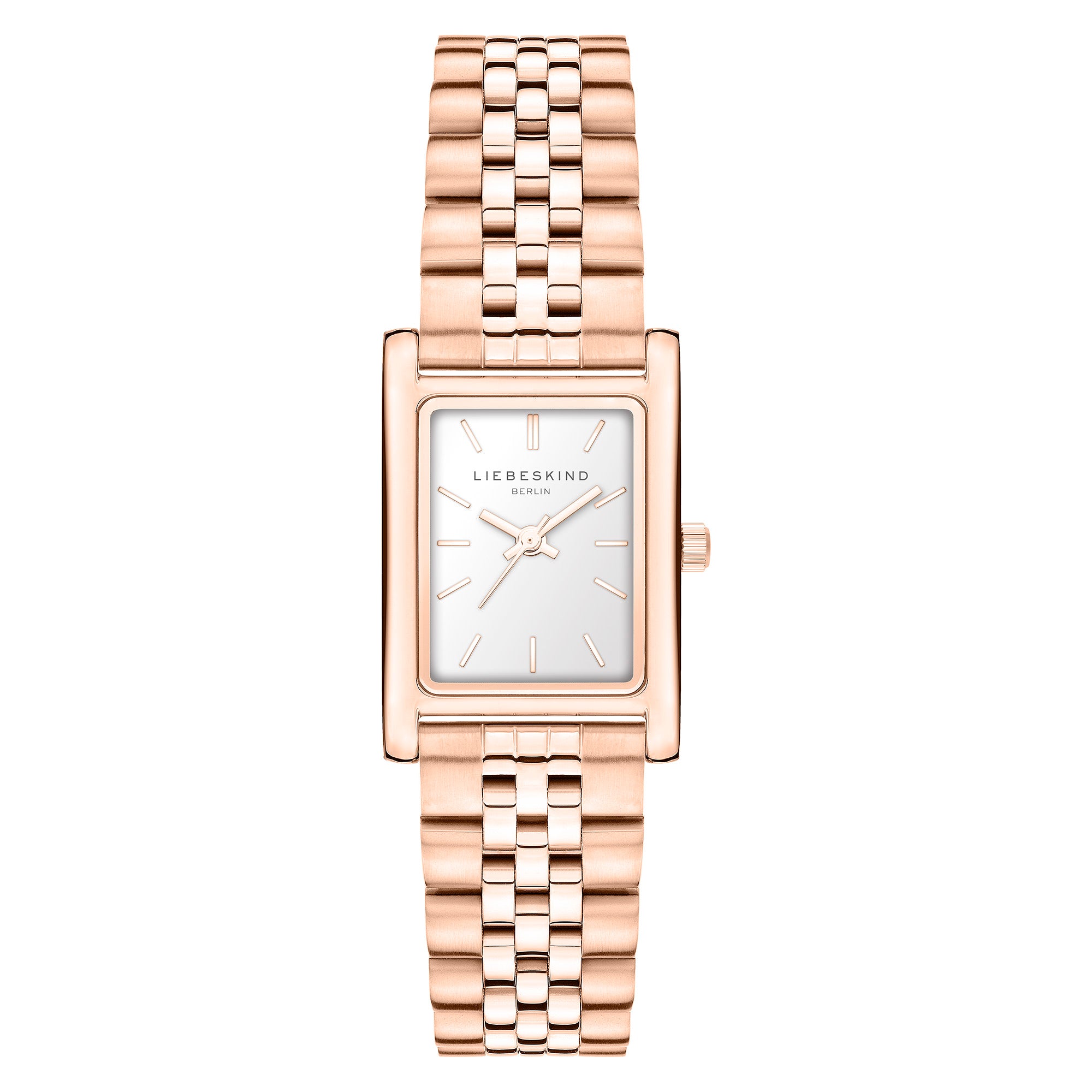 Die LIEBESKIND BERLIN Armbanduhr - Small Retro von Liebeskind Berlin hat ein rechteckiges Gehäuse in Roségold, ein Metallgliederband und ein weißes Zifferblatt mit der Anzeige 10:09 - ein stilvolles Accessoire für jeden Anlass.