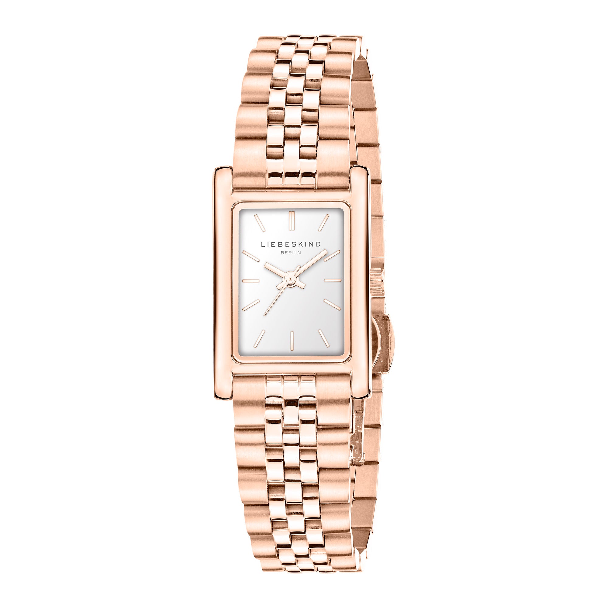Die LIEBESKIND BERLIN Armbanduhr - Small Retro von Liebeskind Berlin ist eine roségoldene, rechteckige Uhr mit weißem Zifferblatt und Metallgliederband - eine stilvolle Edelstahl Damen Uhr für jedes Outfit.