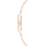 Seitenansicht der Liebeskind Berlin Armbanduhr - Small Retro in Roségold mit Metallgliederband, die ihr schlichtes Design zeigt - eine stilvolle und vielseitige Edelstahl Damen Uhr für jede Gelegenheit.