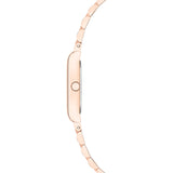 Seitenansicht der Liebeskind Berlin Armbanduhr - Small Retro in Roségold mit Metallgliederband, die ihr schlichtes Design zeigt - eine stilvolle und vielseitige Edelstahl Damen Uhr für jede Gelegenheit.