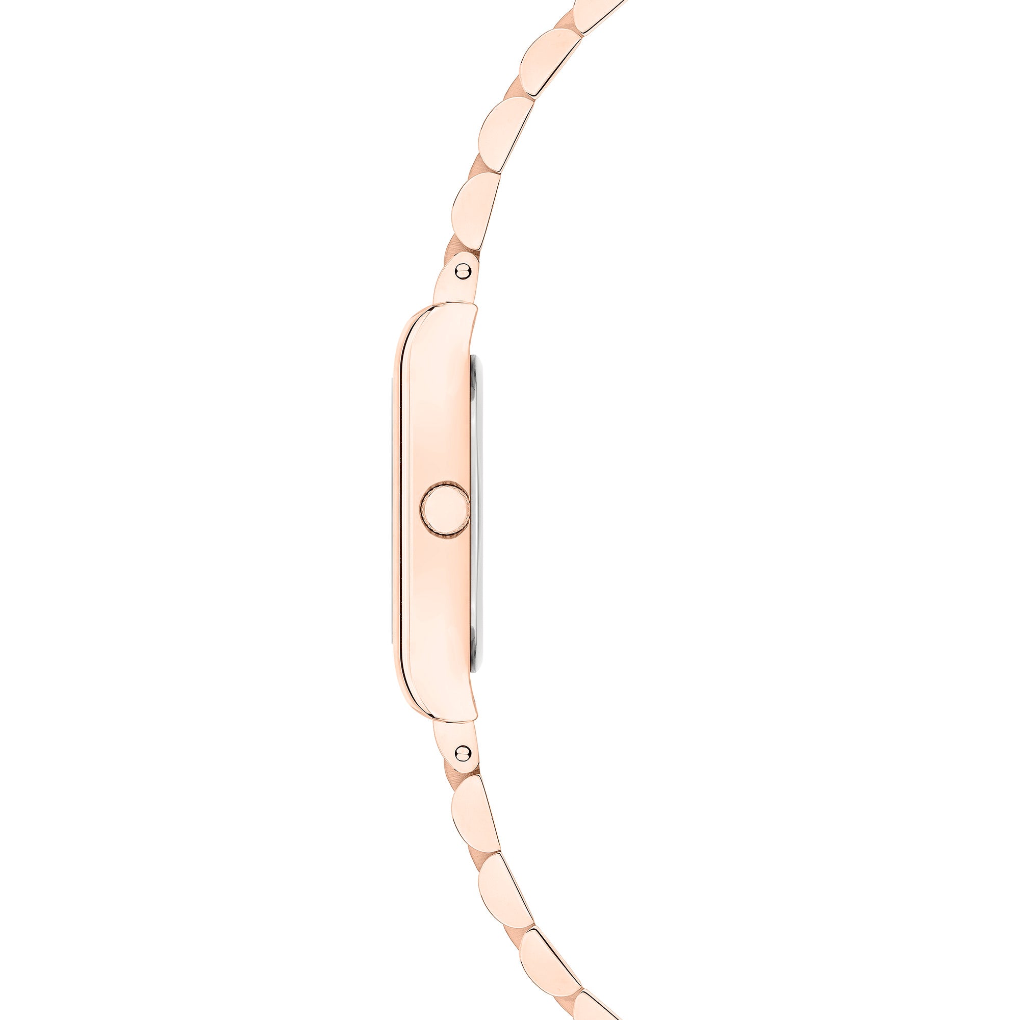 Seitenansicht der Liebeskind Berlin Armbanduhr - Small Retro in Roségold mit Metallgliederband, die ihr schlichtes Design zeigt - eine stilvolle und vielseitige Edelstahl Damen Uhr für jede Gelegenheit.