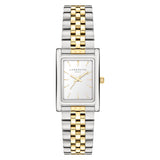 Die LIEBESKIND BERLIN Armbanduhr - Small Retro von Liebeskind Berlin hat ein rechteckiges Design in Silber und Gold mit weißem Zifferblatt und einem eleganten Gliederarmband aus Edelstahl.