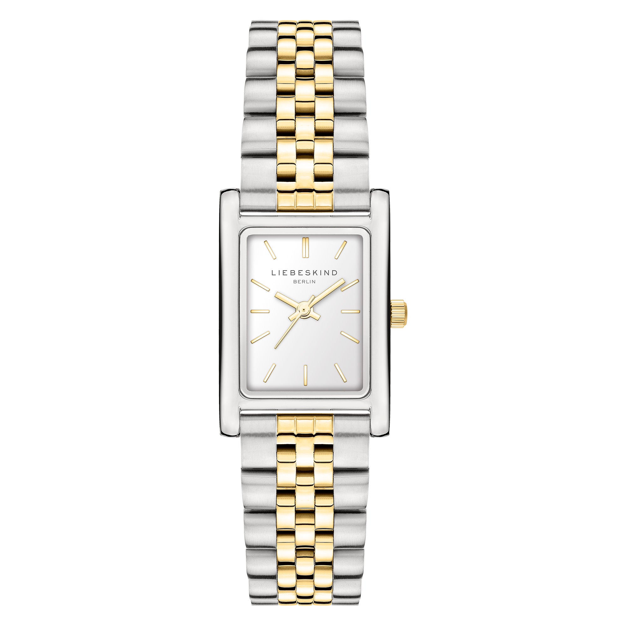Die LIEBESKIND BERLIN Armbanduhr - Small Retro von Liebeskind Berlin hat ein rechteckiges Design in Silber und Gold mit weißem Zifferblatt und einem eleganten Gliederarmband aus Edelstahl.