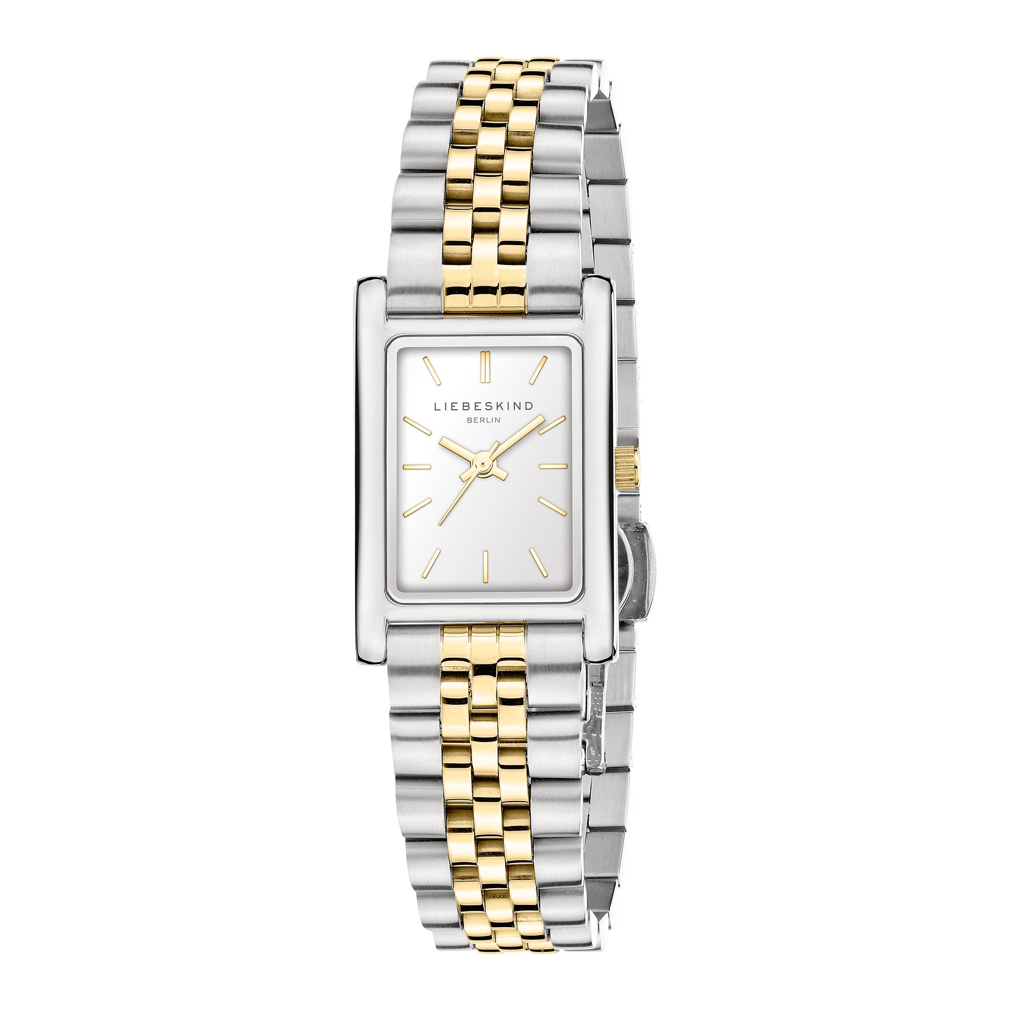 Die LIEBESKIND BERLIN Armbanduhr - Small Retro hat ein rechteckiges Gehäuse aus Silber und Gold, ein weißes Zifferblatt und ein elegantes Edelstahl-Gliederarmband von Liebeskind Berlin.