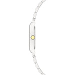 Seitenansicht der LIEBESKIND BERLIN Armbanduhr - Small Retro von Liebeskind Berlin, mit schlankem silbernen Gehäuse, goldener Krone und stilvollem Gliederarmband aus Edelstahl.