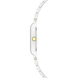 Seitenansicht der LIEBESKIND BERLIN Armbanduhr - Small Retro von Liebeskind Berlin, mit schlankem silbernen Gehäuse, goldener Krone und stilvollem Gliederarmband aus Edelstahl.