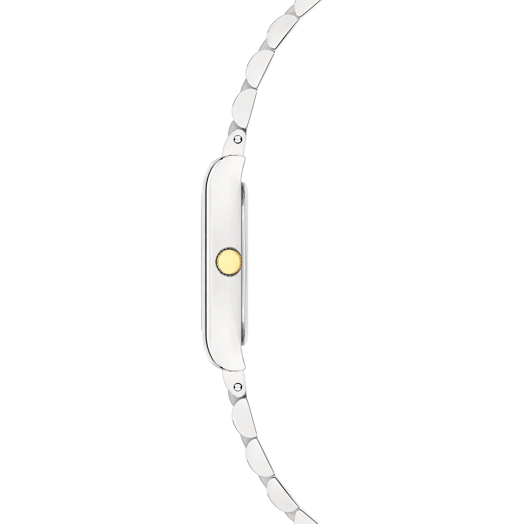 Seitenansicht der LIEBESKIND BERLIN Armbanduhr - Small Retro von Liebeskind Berlin, mit schlankem silbernen Gehäuse, goldener Krone und stilvollem Gliederarmband aus Edelstahl.
