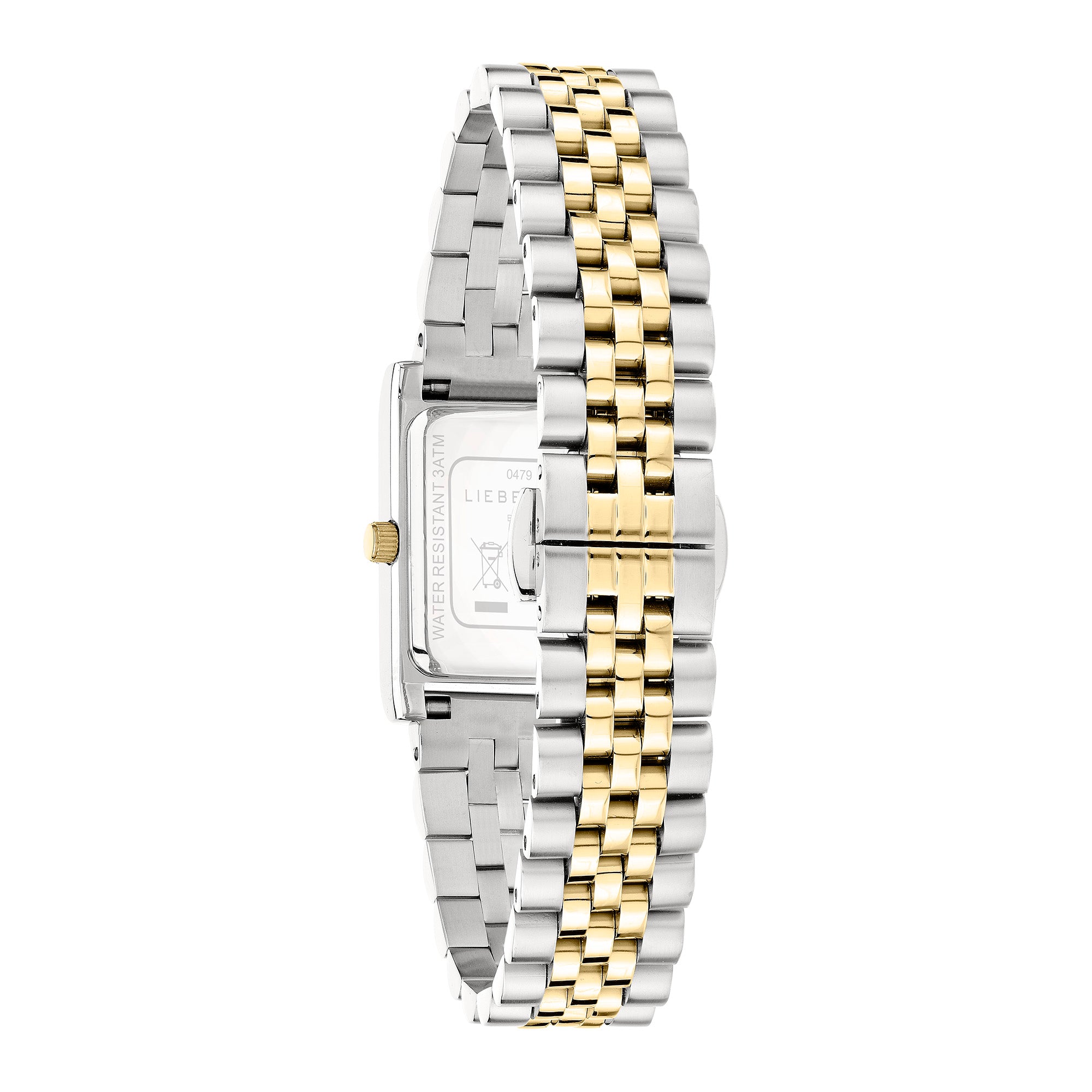 Die LIEBESKIND BERLIN Armbanduhr - Small Retro verfügt über ein zweifarbiges Edelstahlarmband mit abwechselnd silbernen und goldenen Gliedern, die elegant von hinten präsentiert werden - ein Beweis für die Liebe zum Detail von Liebeskind Berlin.