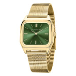 Die LIEBESKIND BERLIN Armbanduhr - Vintage Classic von Liebeskind Berlin verfügt über ein quadratisches Goldgehäuse, ein grünes Zifferblatt und ein Edelstahlmeshband und verbindet Retro-Charme mit moderner Eleganz.